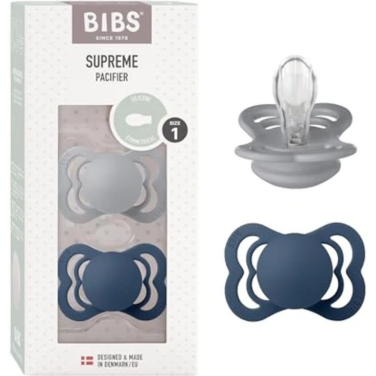BIBS Supreme Schnuller 2er-Pack, BPA-frei, Symmetrischer Nippel. Silikon, Hergestellt in Dänemark. 0-6 Monate (2er Pack), Cloud/Steel Blue – Bild 2