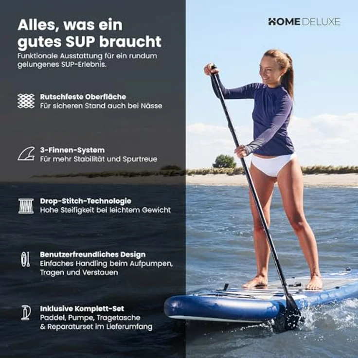 HOME DELUXE Stand Up Paddle Board Größe S, Blau – Aufblasbares SUP mit rutschfester Oberfläche, 3-Finnen-System und umfangreichem Zubehör – Bild 5