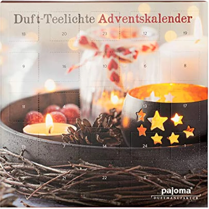 Pajoma Adventskalender 24 Teelichte mit 6 verschiedenen Düften & 1 Teelichthalter, festlich gestaltet – Bild 1