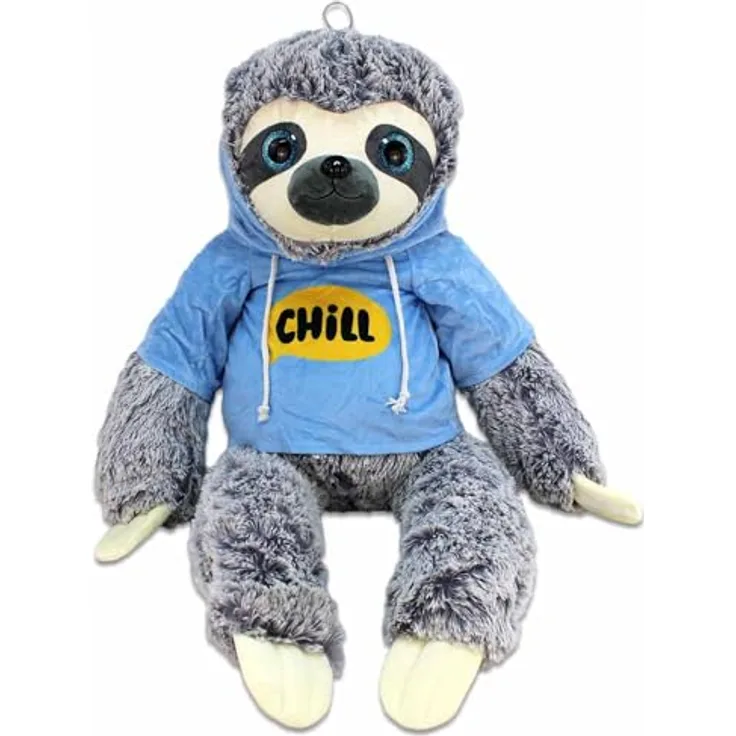 BEMIRO Faultier Kuscheltier XXL – 80 cm, Füllung aus 100% recyceltem Material, mit Hoodie, glitzernde Augen, kuschelig weich (Blau)
