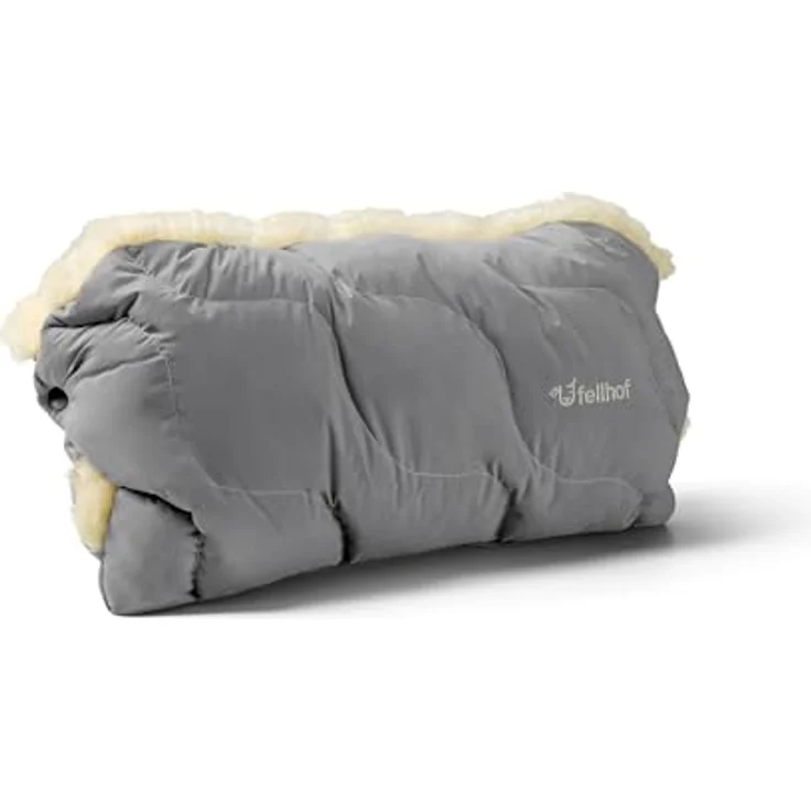 Fellhof® Kinderwagen Handwärmer Winterberg, 100% Merino-Lammfell, wind- und wasserabweisend, reflektierende Streifen, OEKO-TEX® zertifiziert, Universalgröße für alle Kinderwagen, grau – Bild 1