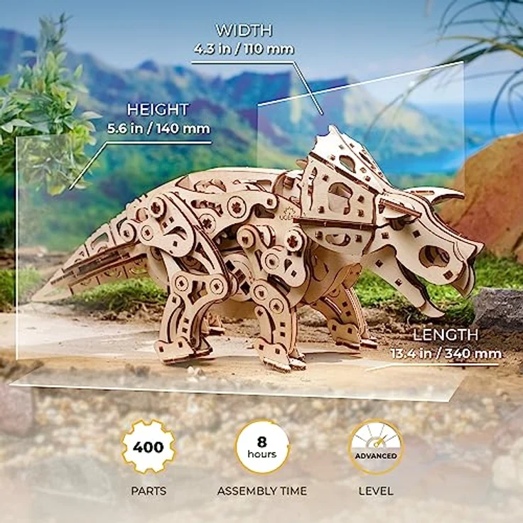 UGEARS Triceratops Dinosaurier 3D Holzpuzzle, Mechanisches Modell im Maßstab 1:32 mit Lebensechtem Gang, DIY Bausatz für Erwachsene, 400 Teile, 8+ Stunden Spielzeit – Bild 2