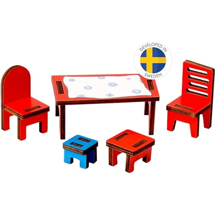 Pippi Langstrumpf Puppenhausmöbel Zubehörset Küche, 5-teilig mit Tisch und Stühlen für die Villa Kunterbunt