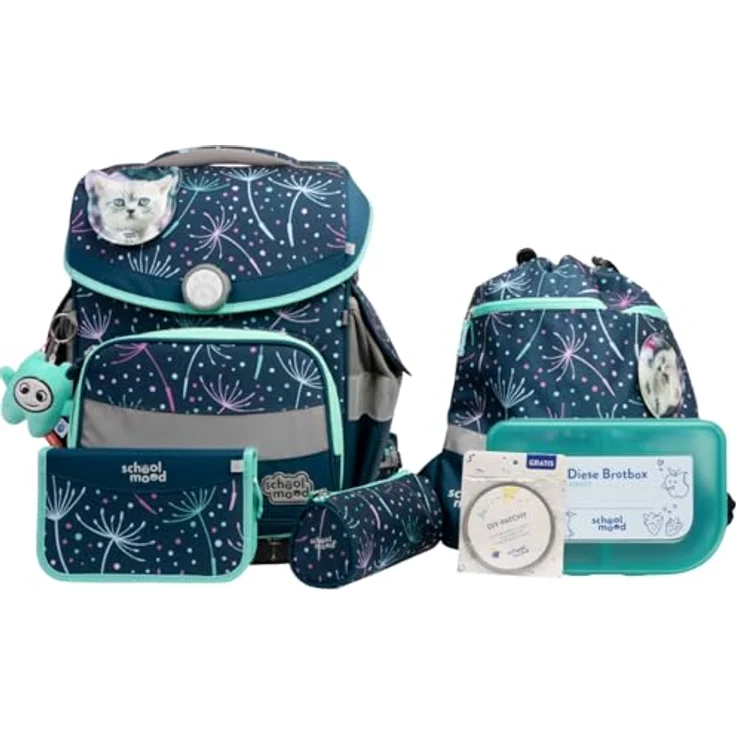 SCHOOL-MOOD Timeless Pro Schulranzenset 7-teilig 23,5L Stauraum, ergonomisches Easy Fit System für 1 m bis 1,50 m Körpergröße, standfest, wasserdichter Stoff mit Reflektoren (Lina Kätzchen) – Bild 1