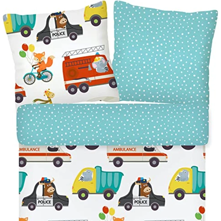 ESPiCO Bettwäsche Trendy Bedding Verkehr Polizei Feuerwehr Schulbus Helikopter Motorrad Cabrio Tiere Renforcé, 135x200 cm, 100% Baumwolle, Kids-Motive, Wendeoptik, weiß gepunktete Abseite – Bild 2