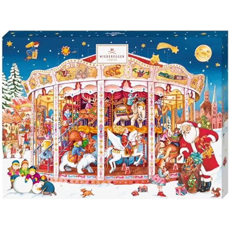 Niederegger Adventskalender Karussell, festliche Confiserie-Spezialitäten mit Marzipan und Nougat, dekorative Karussell-Optik