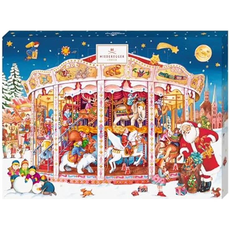 Niederegger Adventskalender Karussell, festliche Confiserie-Spezialitäten mit Marzipan und Nougat, dekorative Karussell-Optik – Bild 1