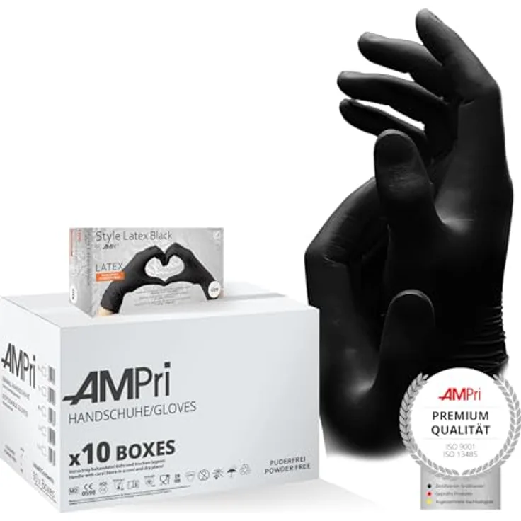 AMPri Latexhandschuhe, schwarz, 10 Box a 100 Stk, Größe L, puderfrei, Style Latex Black: Latex Einweghandschuhe in den Größen XS, S, M, L, XL erhältlich