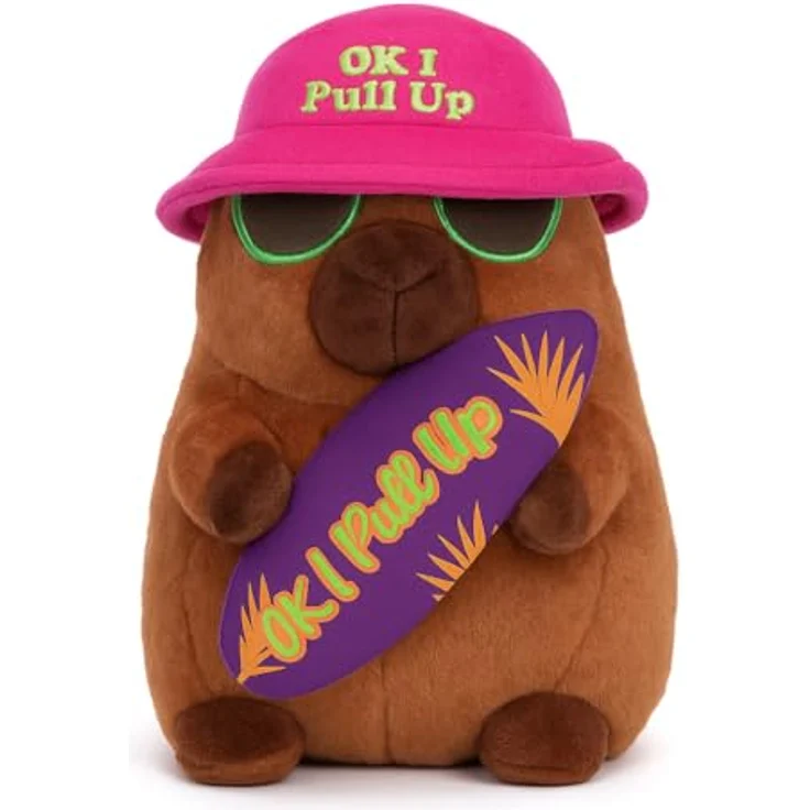 Soma Capybara Plüschtier 25cm, Kuscheltier mit pinkem Hut, grüner Sonnenbrille und Surfbrett Spruch "Ok I Pull Up" – Bild 1