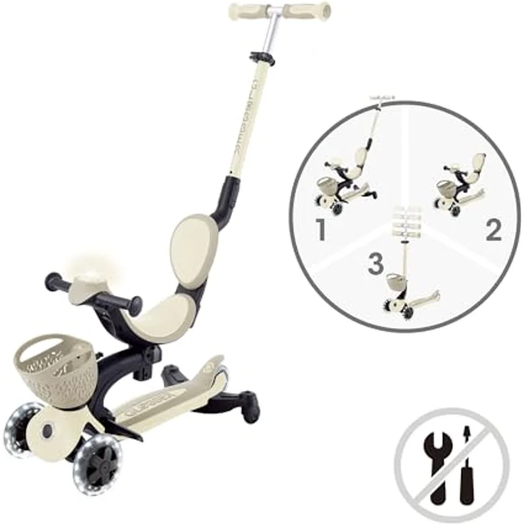 Globber GO•UP Baby 360 Lights, Skalierbarer Tretroller mit 3 Rädern, Sitz und Rückenlehne, für Kinder von 15 Monaten bis 6 Jahren, Taupe – Bild 4
