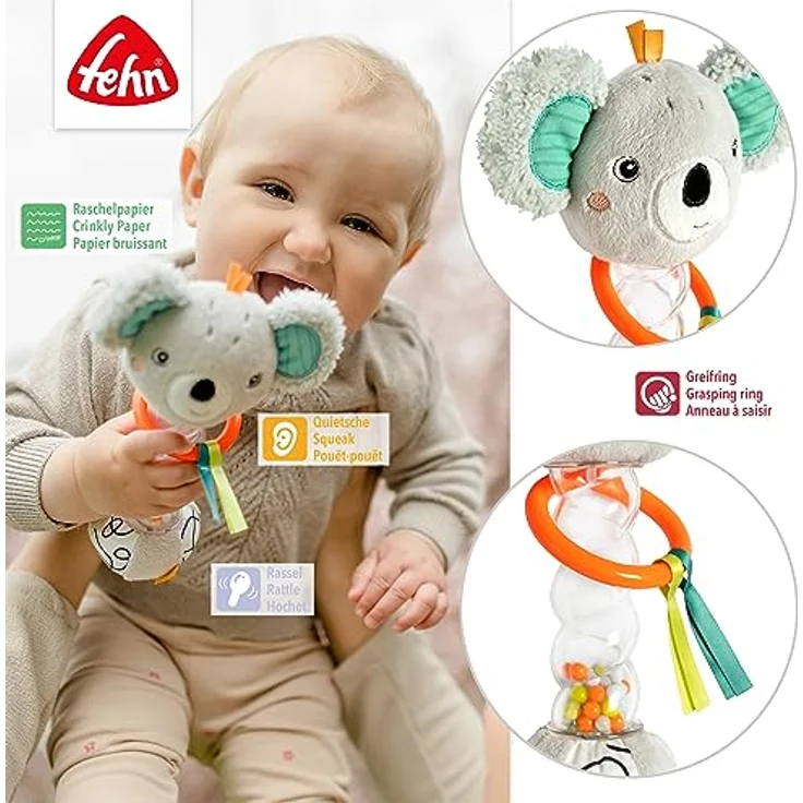 Fehn Regenmacher Koala – Motorik-Spielzeug mit Rassel, Quietsche, Raschelpapier zum Greifen – Rasselstab fördert spielerisch Sinne & Motorik – für Babys & Kleinkinder ab 3+ Monaten – Bild 4