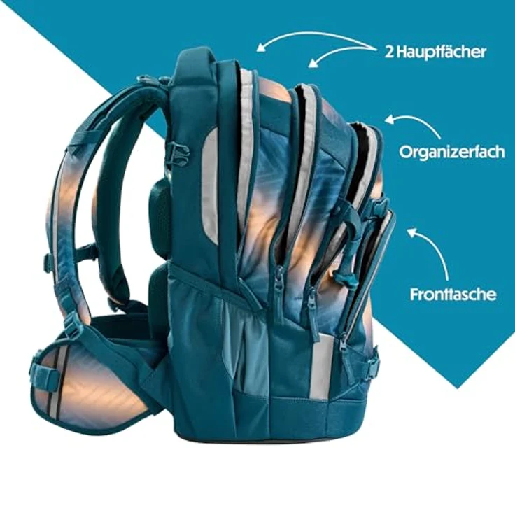 Coocazoo Schulrucksack Mate „Pacific Tribes” in blau-orange, ergonomisch & anpassbar, mit 30L Volumen & LED-Lichtbefestigung, ab 3. Klasse – Bild 3
