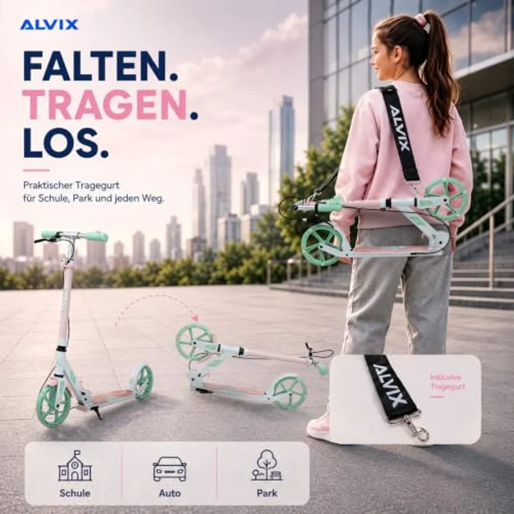 ALVIX Cityroller Kinderroller K-Serie mit Handbremse, faltbar, 200-mm-LED-Räder, breites 120-mm-Deck, Tragegurt, empfohlen ab 6 Jahren – Bild 2