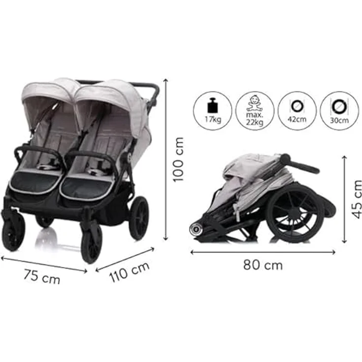 Fillikid Geschwister- & Zwillingskinderwagen Duette bis 22 kg mit Liegeposition & Knickschieber - Grau, inkl. Gratis Mobilitätsgarantie – Bild 6