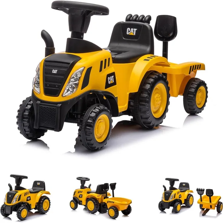 Chipolino Rutschfahrzeug CAT Traktor, mit Musikfunktion, Hupe, Anhänger, Schaufel und Rechen, geeignet für 1-3 Jahre, gelb