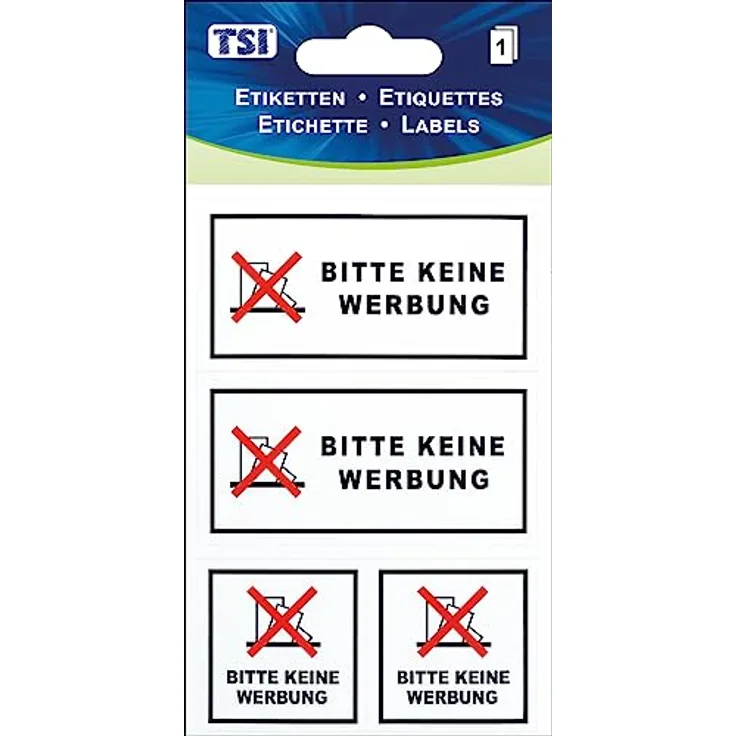 TSI Hinweis-Etiketten "Bitte keine Werbung", selbstklebend auf Folie, 1 Blatt mit 4 Etiketten (2x 35x75 mm, 2x 35x35 mm) für innen und außen