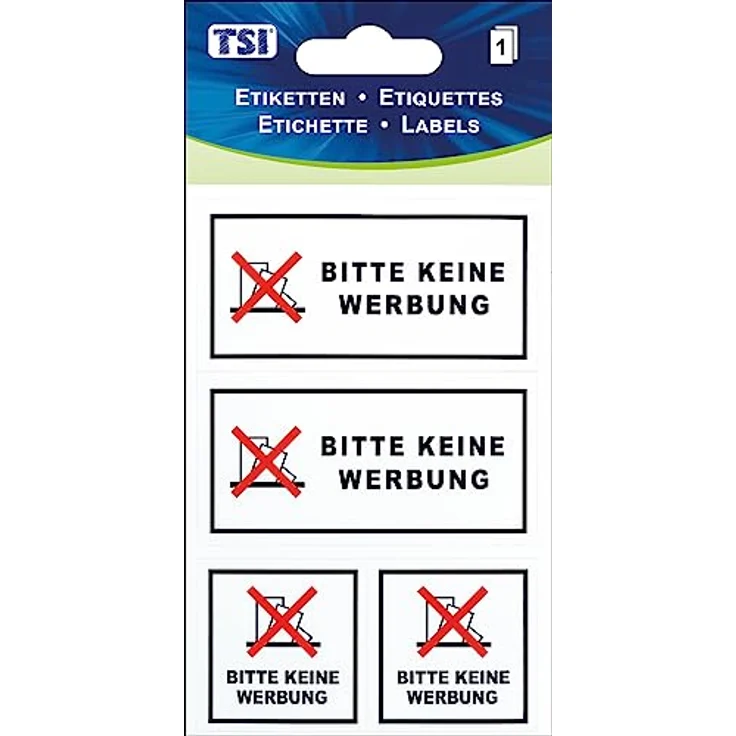 TSI Hinweis-Etiketten "Bitte keine Werbung", selbstklebend auf Folie, 1 Blatt mit 4 Etiketten (2x 35x75 mm, 2x 35x35 mm) für innen und außen – Bild 1