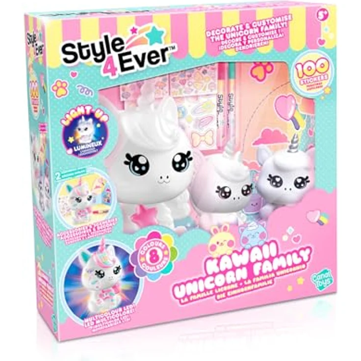 Canal Toys The Unicorn Family Light Up, Sammelfiguren mit leuchtender Einhorn-Mama und leuchtenden Baby-Einhörnern, 3 Stickerblätter, 2 Marker – Bild 3
