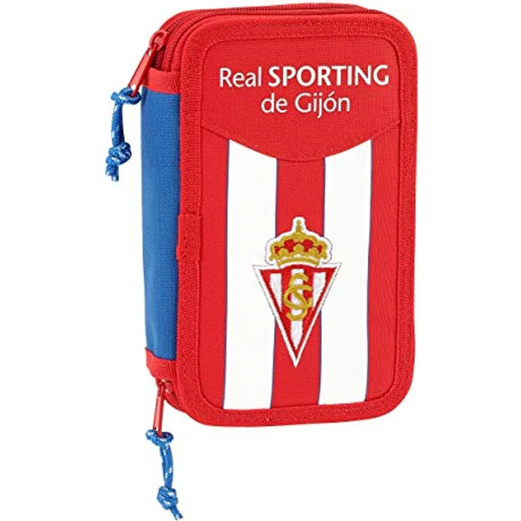 Safta Federmappe für die Schule Real Sporting De Gijon, 28-teilig gefüllt mit Fasermalern, Buntstiften, Bleistift, Kugelschreiber, Anspitzer und Radiergummi, Polyester, blau