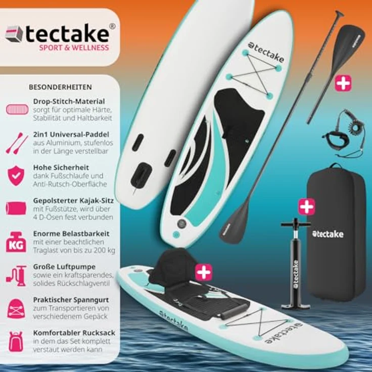 tectake SUP-Board Zenon, aufblasbares Stand-Up Paddle Board, Belastbarkeit 200 kg – Bild 2