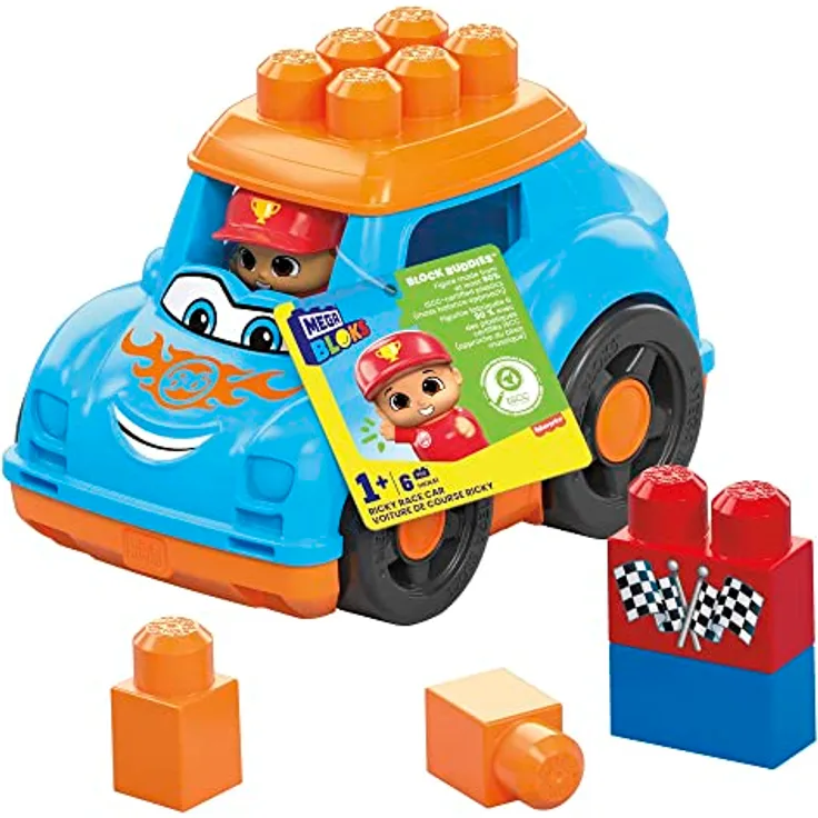 Mega Brands MEGA HKN41 BLOKS Bauklötze für Kleinkinder, Rennauto Ricky mit abnehmbarem Dach, integriertes Staufach und 1 Figur, Spielzeug für Kinder ab 1 Jahr