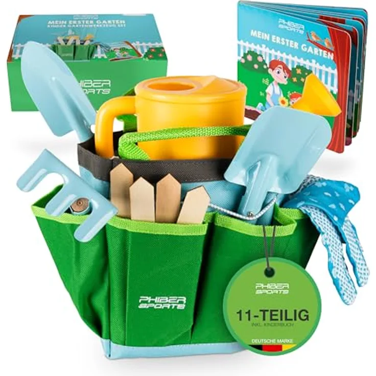 PHIBER-SPORTS Kinder Gartenwerkzeug Set (11 Teile) mit Kindergartenbuch, Metall Schaufel und Gießkanne, geeignet für Garten, Sand und Strand, ab 3 Jahre