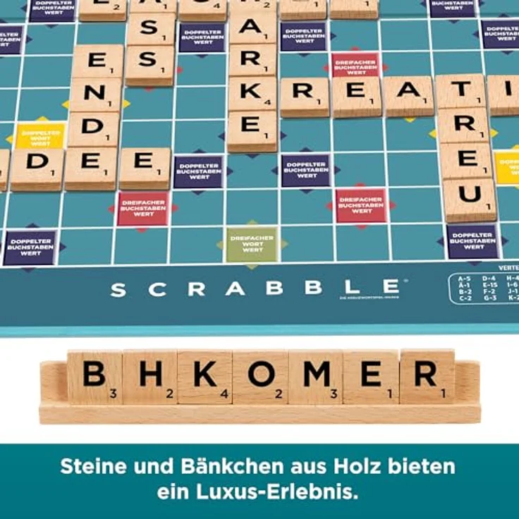 Mattel Games Scrabble Brettspiel, klassisches Familienwortspiel mit Buchstabensteinen und Holzbank, zwei Spielmöglichkeiten inklusive Scrabble Together, deutsche Ausgabe, JGR62 – Bild 4