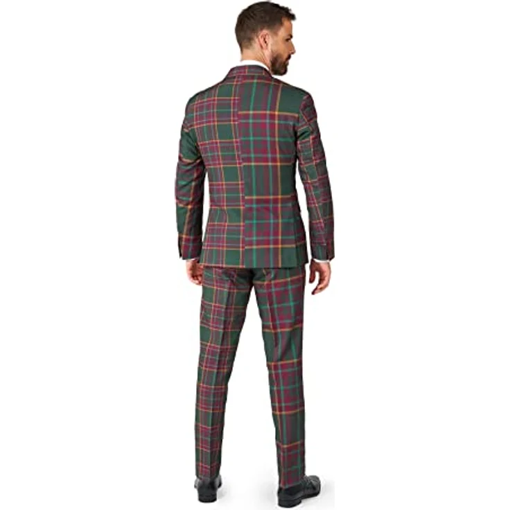 OppoSuits Mixed Mesh Anzug, rot-grün kariert im Tartan-Look, Slim Fit Design mit 4 Innentaschen und passender Krawatte, Größe 54 – Bild 3