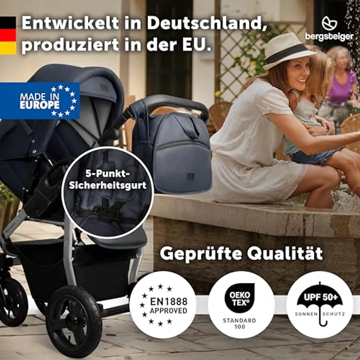Bergsteiger Capri Kombikinderwagen 4-in-1, Babywanne, Sportsitz, i-Size Babyschale, Isofix-Station, höhenverstellbar, faltbar, mit Luftreifen und Zubehör – Bild 4