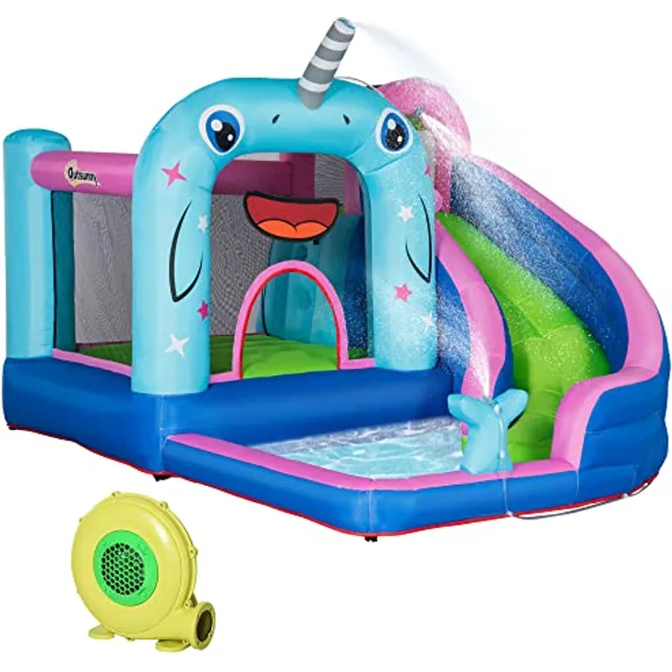 Outsunny Aufblasbare Hüpfburg mit Gebläse, Wasserspielcenter mit Rutsche und Sicherheitsnetz, für Kinder 3-8 Jahre, 330 x 280 x 200 cm
