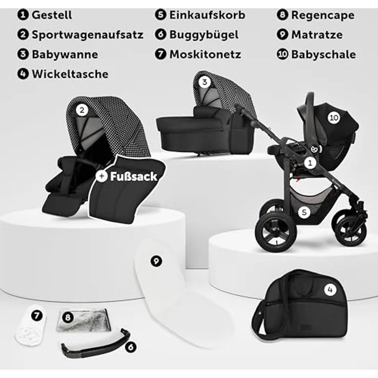 Bergsteiger Capri Kombikinderwagen 3-in-1, Babywanne, Sportsitz & i-Size Babyschale, Luftreifen, Federung, höhenverstellbarer Griff, faltbar, Zubehör – Bild 3