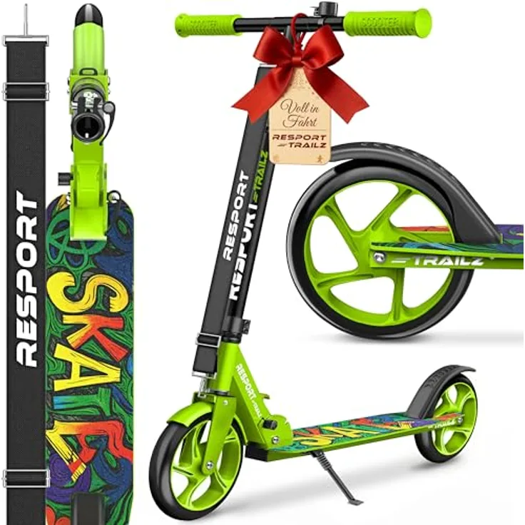 RE:SPORT Trailz Cityroller Scooter, höhenverstellbar & klappbar, 200mm Räder, inkl. Tragegurt und Klingel, für Kinder & Erwachsene