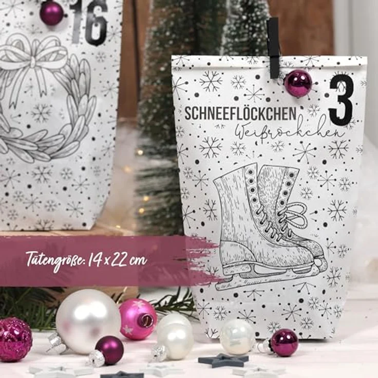 PAPIERDRACHEN Extravaganter Adventskalender zum Befüllen - mit 24 weißen Geschenktüten und 24 Zahlenaufklebern - Motiv Christmas Set 15 - zum Basteln und Verschenken - Weihnachten & Advent – Bild 4