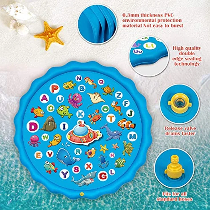 Paochocky Sprinkler Wasserspielmatte, 170 cm große runde Aufblasbare Splash Spielmatte aus hochwertigem PVC für Outdoor Sommerspaß mit bunten Meeresgrafiken für Kinder und Haustiere – Bild 2