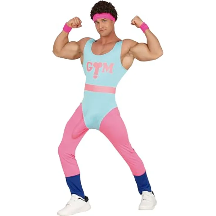 FIESTAS GUIRCA Witziges 80er Jahre Aerobic Fitnesstrainer Kostüm für Herren, Overall L 52-54, inklusive Gürtel und Lümmel