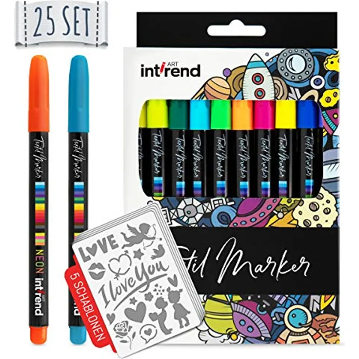 int!rend Textilmarker 25er Set I 20 Bunte, waschmaschinenfeste Stoffmalstifte + 5 Schablonen I zum Bemalen von Schuhen, T-Shirts, Taschen und Anderen Textilien I inklusive 4 Neon UV Fabric Pens