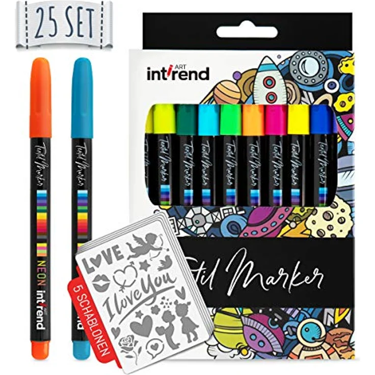 int!rend Textilmarker 25er Set I 20 Bunte, waschmaschinenfeste Stoffmalstifte + 5 Schablonen I zum Bemalen von Schuhen, T-Shirts, Taschen und Anderen Textilien I inklusive 4 Neon UV Fabric Pens – Bild 1