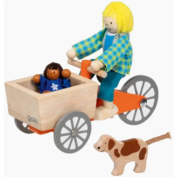 goki Biegepuppe Lastenfahrrad Set mit 2 Biegepuppen und Hund, Holzspielzeug für kreatives Rollenspiel ab 3 Jahren