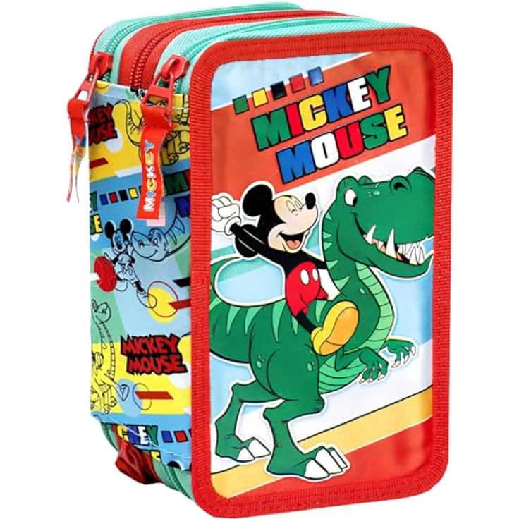 Clondo 3-Fach Federmäppchen Micky Maus – 44-teilig, komplett gefüllt mit Schere, Lineal und Buntstiften, Rot, ideal für Schule und Geschenke, offizielles Lizenzprodukt – Bild 1