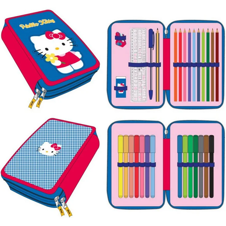 Hello Kitty Federmäppchen gefüllt, Schuletui mit Buntstiften, Filzstiften, Bleistiften und Zubehör, farbenfrohes Design