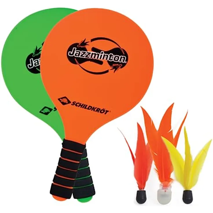 Schildkröt® Jazzminton Set, 2 Schläger, 3 Birdies, LED Ball für das Spiel bei Nacht, Beachball Set, großer Spaß für Jedermann und überall
