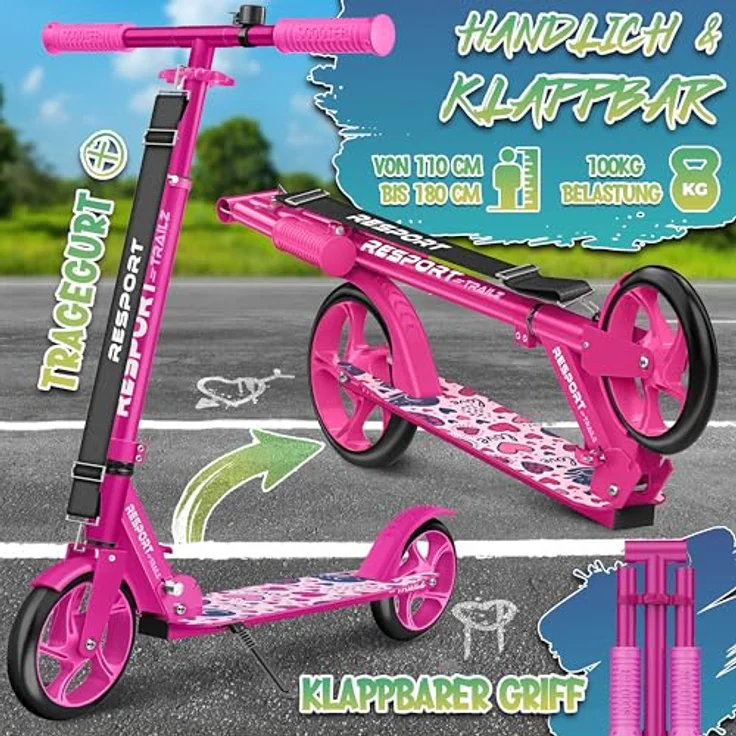 RE:SPORT Cityroller RE:SPORT® Trailz, höhenverstellbar & klappbar, 200mm Räder, inkl. Tragegurt & Klingel, bis 100 kg belastbar, für Kinder & Erwachsene – Bild 2