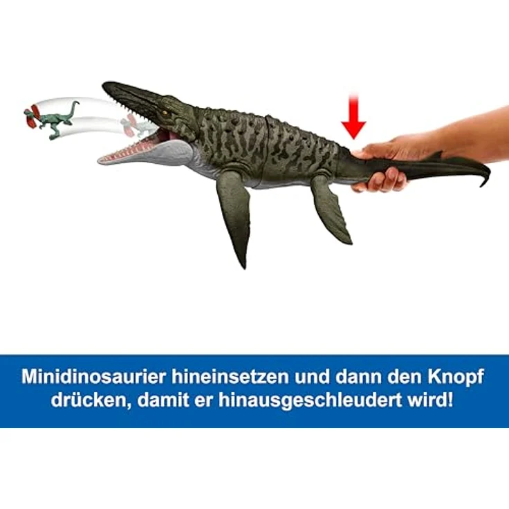Mattel Jurassic World: Bite N Blast Mosasaurus Actionfigur mit Bissfunktion, 65 cm, inkl. Mini-Dilophosaurus-Figur – Bild 4