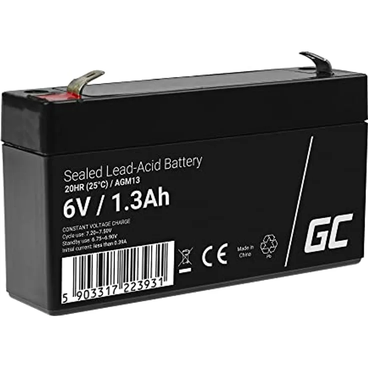 Green Cell® AGM 6V 1,3Ah Blei-Batterie, wartungsfreier Akku für Elektro Spielzeug, Alarm & Kinderfahrzeuge, schwarz