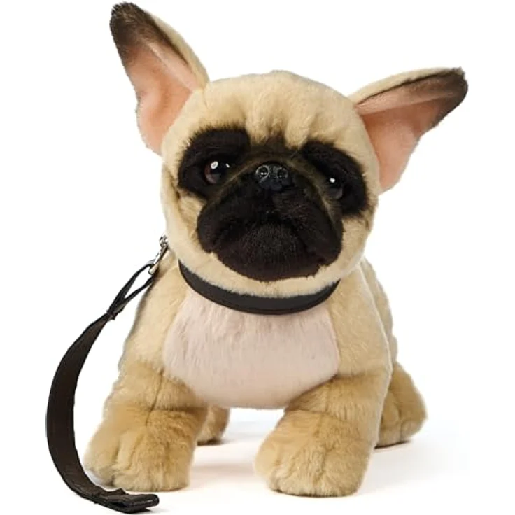 Uni-Toys Französische Bulldogge, Plüschtier in beige mit Leine, 26 cm, naturgetreues Design aus recycelter Polyesterwolle – Bild 2