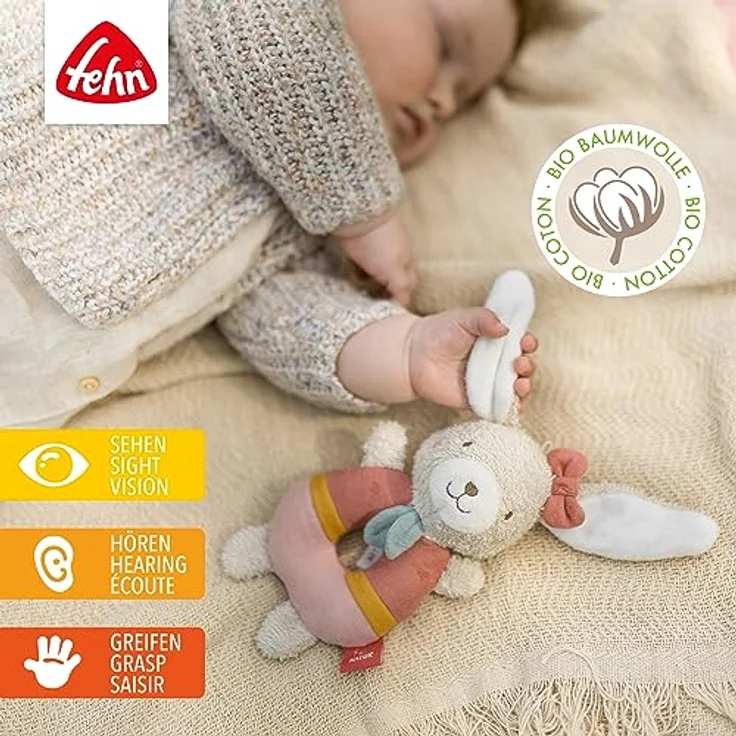 Fehn Ring-Greifling Hase fehnNATUR – Motorik-Spielzeug mit Bio-Baumwolle aus kontrolliert biologischem Anbau – fördert spielerisch das frühkindliche Lernen – treuer Begleiter für Babys und Kleinkinder – Bild 2