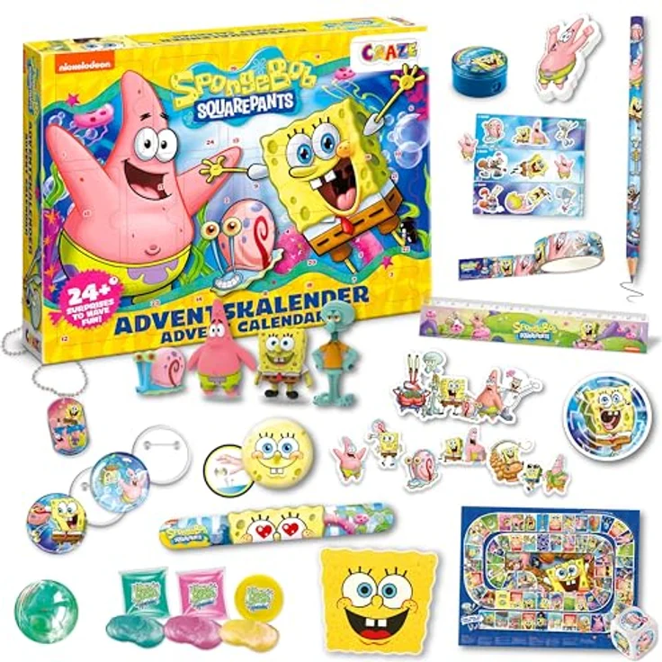 CRAZE SpongeBob Schwammkopf Adventskalender 2025, Spielzeug-Adventskalender mit 24 Überraschungen, inklusive 4 3D-Figuren und Schulsachen für Jungen und Mädchen – Bild 1