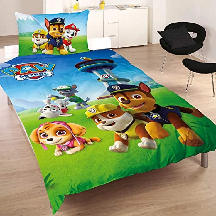 BERONAGE Paw Patrol Bettwäsche Team Blau 135 cm x 200 cm + 80 cm x 80 cm 100% Baumwolle Renforcé-Linon-Qualität Chase Marshall Rocky Zuma Rubble Skye Ryder Wende-Bettwäsche deutsche Größe Reißverschuss – Bild 2