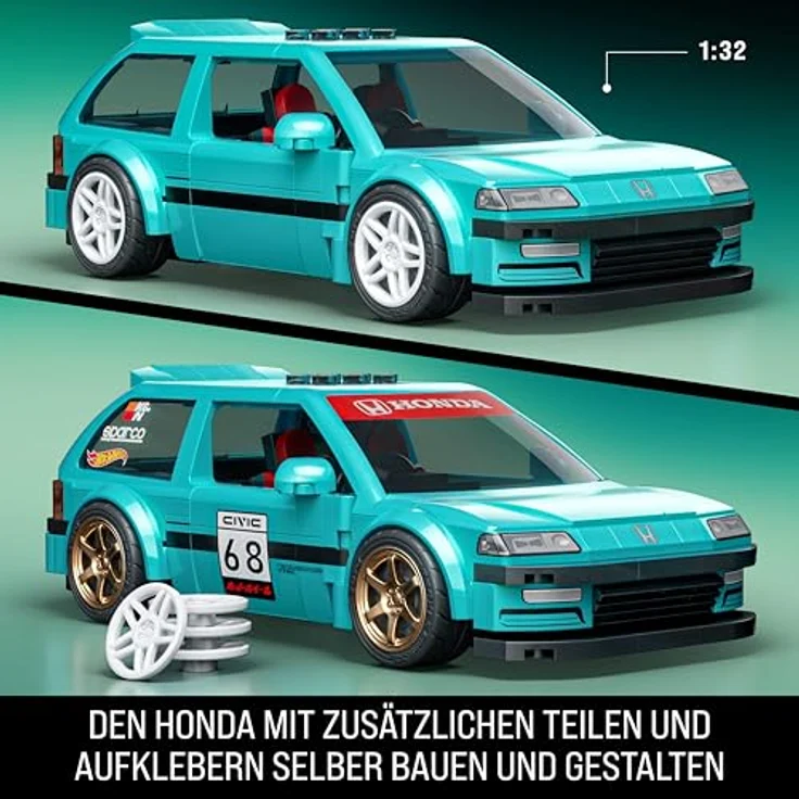 Mattel Brick Shop Hot Wheels Speed Serie Bauset, Custom ’90 Honda Civic EF im Maßstab 1:32, 248 Teile, realistische Details, individuelle Aufkleber, für Erwachsene und Kinder ab 10 Jahren, JHF62 – Bild 3
