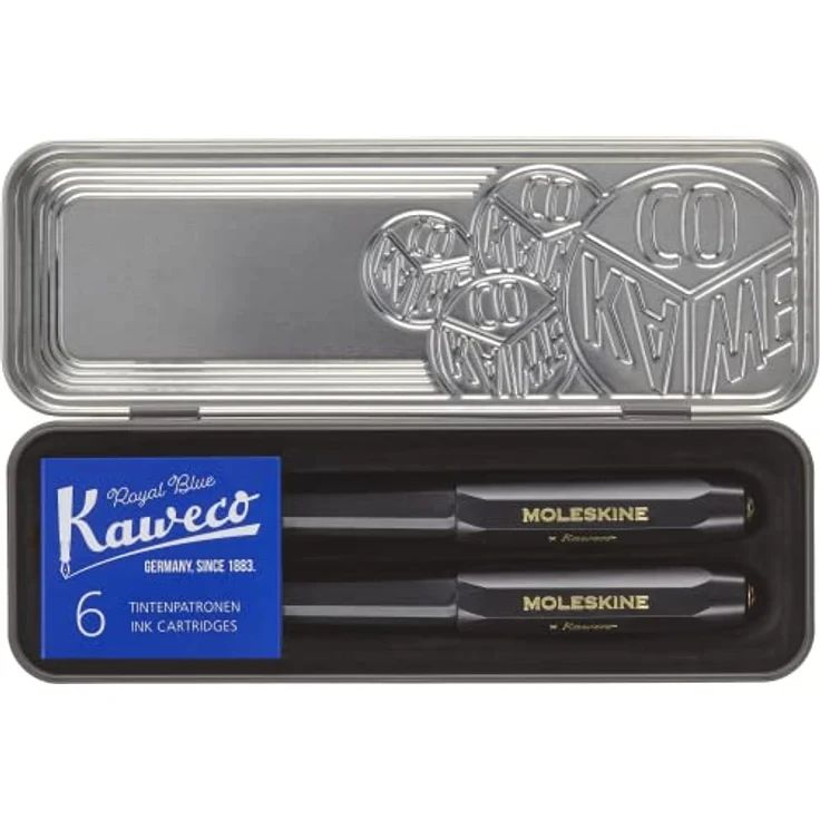 MOLESKINE Füllfederhalter Moleskine X Kaweco Stifte-Set, Füller mitt. Feder & Kugelschreiber, blau, vergoldete Feder & nachfüllbarer Kugelschreiber, 6 Tintenpatronen & Vintage-Etui aus Metall – Bild 2